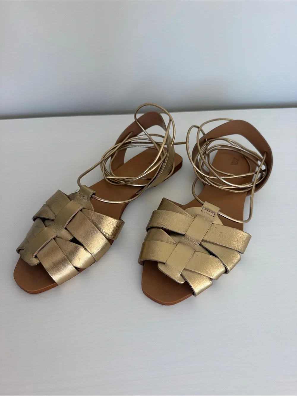 Zara Metallic Gold Woven Lace-Up Flat Sandals